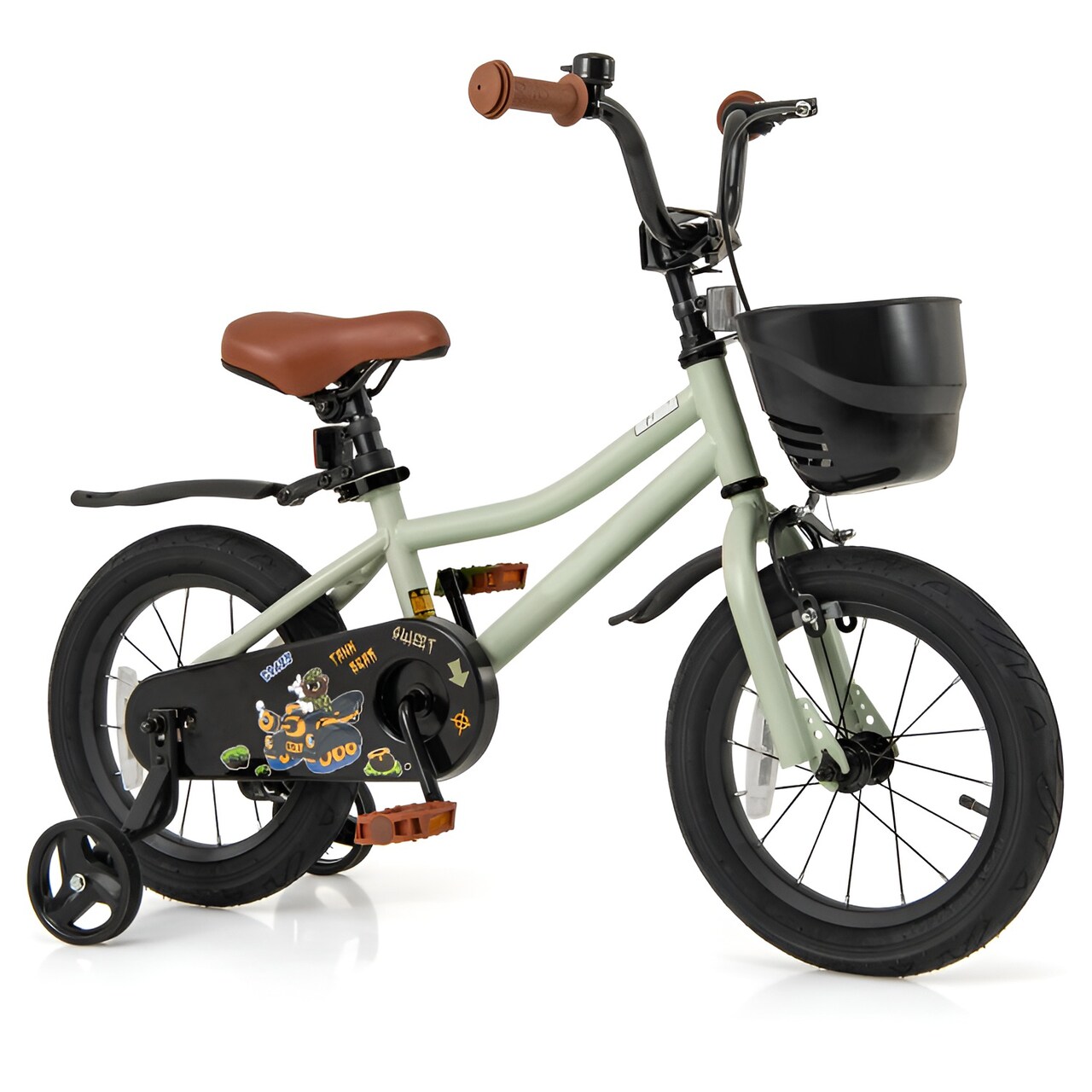 Green Metal Kids Bike with Dual Brakes, Training Wheels and Basket Perfect for Children's